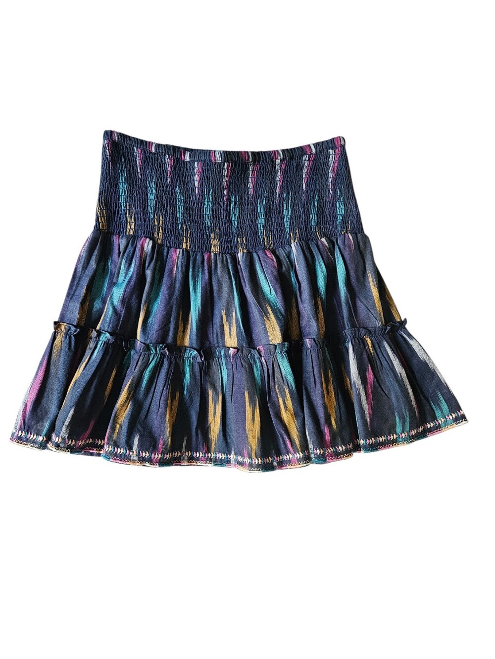 ROLLER RABBIT Ikat Rikki Smocked Tiered Ruffle Mini Skirt Navy/Multi | SZ M